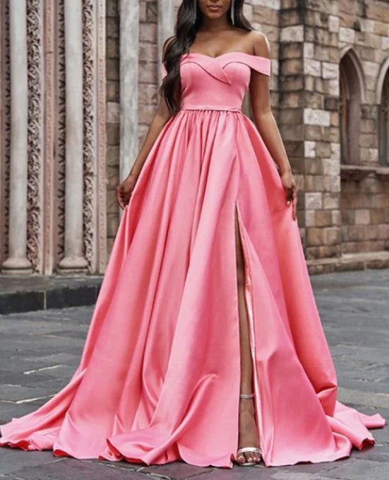 Pink Off-the-Shoulder Long Prom Dress with Split